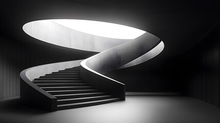 A dramatically lit minimalist spiral staircase leads upwards toward a bright circular opening in a dark modern architectural space with smooth concrete textures.
