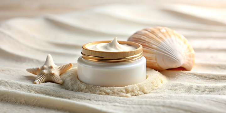 A luxurious jar of white cream sits on a sandy beach with a starfish and seashell, evoking a sense of natural beauty and skincare