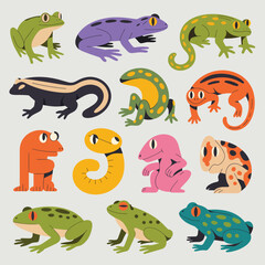 Obraz premium Collection of colorful cartoon amphibians and reptiles