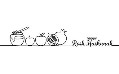 Happy rosh hashanah greeting with symbolic foods in a simple sketch style