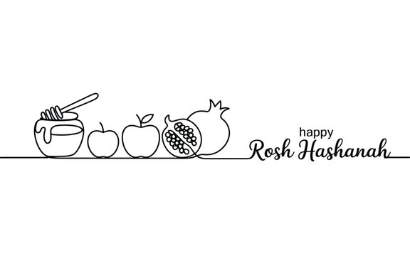 Happy rosh hashanah greeting with symbolic foods in a simple sketch style