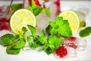 Bright lime slice with mint leaves and berry ice cubes. Summer freshness and color in a macro food layout.