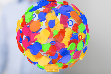 Abstract 3D rendering of colorful speech bubbles forming a sphere, symbolizing communication and connection.