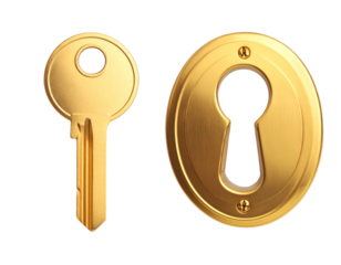 Shiny Gold Key and Classic Keyhole Front View, Minimalist Style PNG