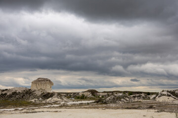 Steppe landscape with chalk cliffs, overcast sky