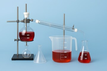 Laboratory setup with glassware showing liquid in multiple containers and apparatus for chemical experiments