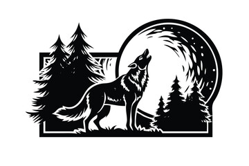 Howling Wolf Woodcut Vector Badge - Mountain & Wildlife Emblem