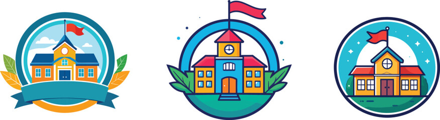 Flat school building logo set, a modern and colorful illustration of a classic academic setting, educational institutions