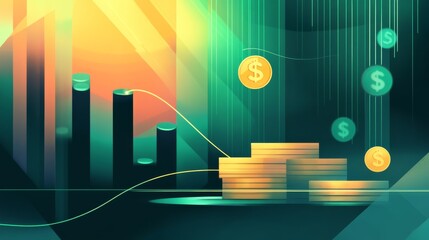 a glowing upward graph with sleek, modern bars symbolizing milestones achieved. In the foreground, a stack of coins with a light beam shining on the topmost coin, symbolizing financial success. 