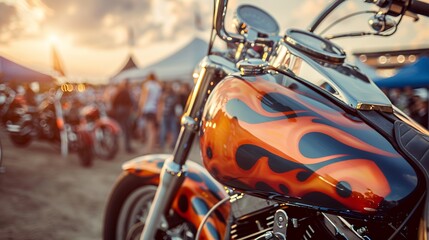 Fototapeta premium Custom Motorcycle Fuel Tank with Fiery Flame Paint at Outdoor Rally During Golden Hour Sunset