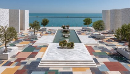 Modern courtyard with mosaic tiles, olive trees, and ocean view