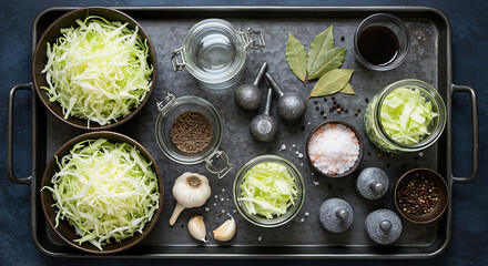 Flat lay of fermentation ingredients on a metal tray. Includes shredded cabbage, Himalayan salt, glass jars, garlic, caraway seeds, bay leaves, and weight stones. Cool, moody tones with precision plac