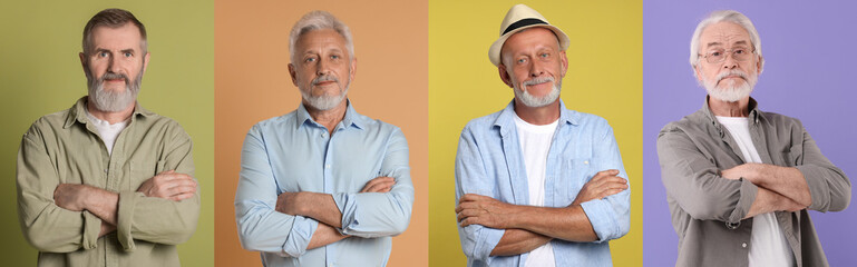 Senior men posing on different colors backgrounds. Collage with portraits of grandpas