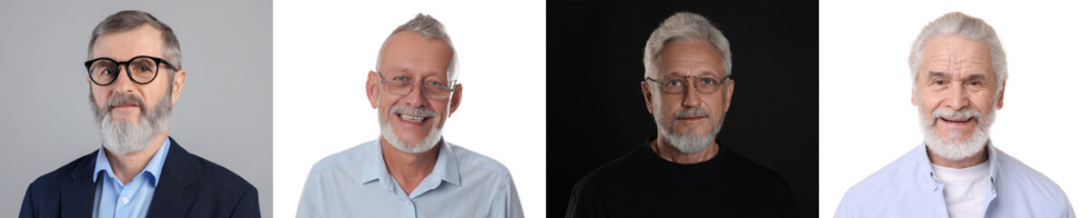 Senior men posing on different colors backgrounds. Collage with portraits of grandpas