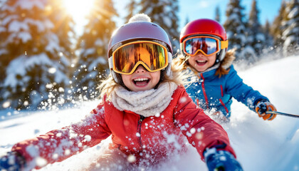 Close-up joyful children skiing on sunlit snow, vibrant expressions, lively winter fun.