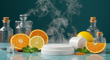 Serene Citrus Spa:  Steam,  Oranges, Lemons,  Glass Bottles,  White Product Display