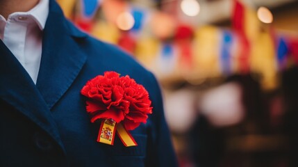A red carnation pinned on a navy blue jacket, golden sunlight filtering through festive flags and confetti.