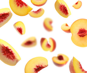 Fresh peaches whirling in air against white background