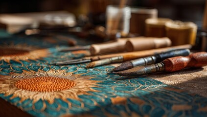 Fototapeta premium Artisan tools on a patterned textile
