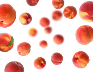 Fresh peaches whirling in air against white background