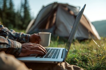 Close-up of hands typing on a laptop, sitting on the grass near a tent in a forest. Man is working outdoors using a computer. Close-up of a man using a notebook and drinking coffee, camping in nature.