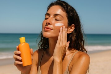 Woman applying sunscreen beach