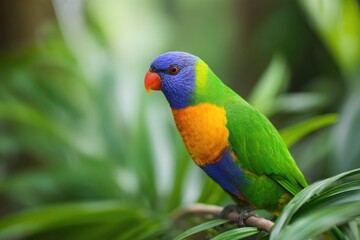 Naklejka premium Colorful parrot perched among vibrant green leaves, showcasing s