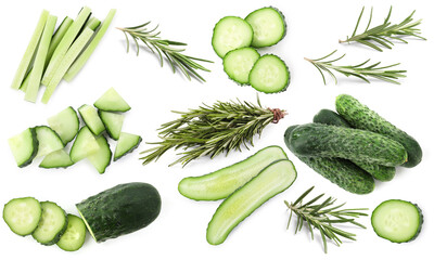 Fresh cucumbers and rosemary isolated on white, set