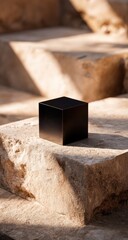 Black cube on aged stone steps. Sunlight highlights