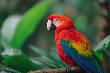 Obraz premium Vibrant parrot perched among lush foliage, showcasing stunning c