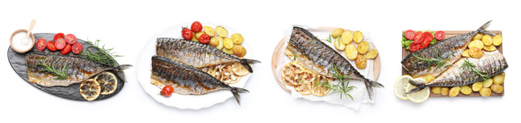 Fried fish. Dishes isolated on white, set. Top view