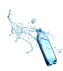 Soda water in bottle and splash against white background