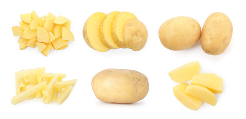Fresh raw potatoes isolated on white, set. Whole and sliced