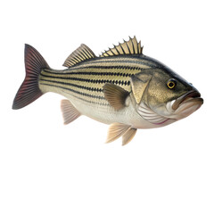 Fototapeta premium A striped bass swimming over rocks and grass in a clear aquarium tank on transparent background