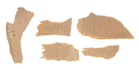 Set of torn brown cardboard pieces isolated on a white background, top view. Scrap material for recycling.