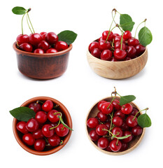 Fresh ripe cherries in bowls isolated on white, collage. Top and side view