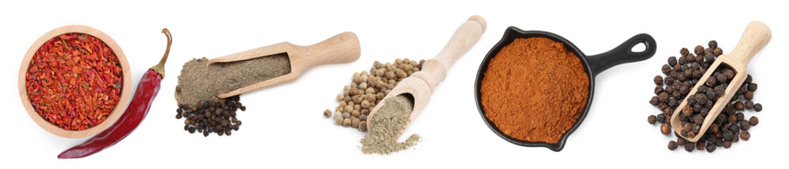 Different types of peppers, set. Spices isolated on white, top view