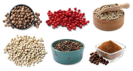 Different types of peppers, set. Spices isolated on white