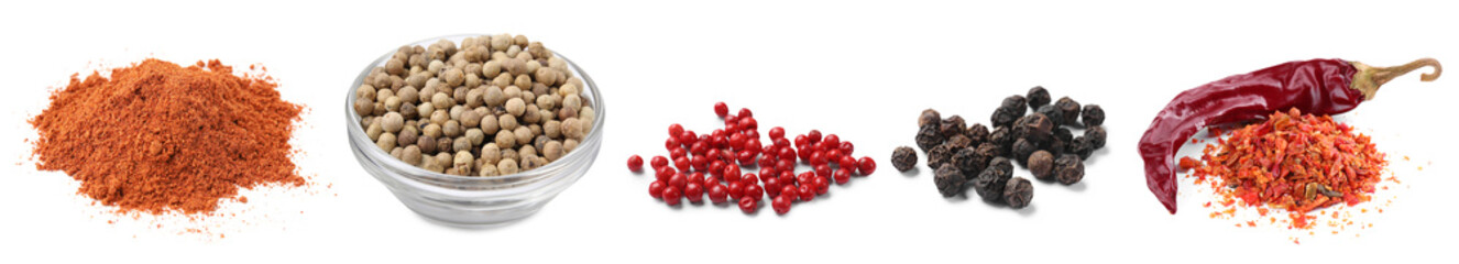 Different types of peppers, set. Spices isolated on white