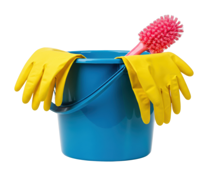 Blue bucket with yellow gloves and red brush for effective household cleaning. Cut out PNG