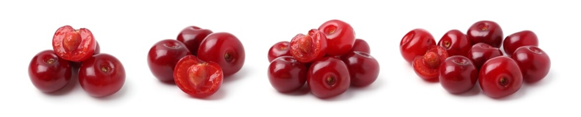 Fresh ripe cherries isolated on white, set