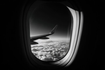 Naklejka premium Black and white view from an airplane window. Clouds and wing