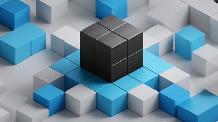 Obraz premium Abstract 3D composition featuring a dark cube atop colorful blocks