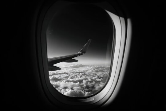 Black and white view from an airplane window. Clouds and wing