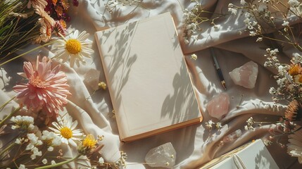 Blank Journal with Flowers, Crystals, and Pen on Fabric in Sunlight. Creative Writing, Mindfulness, Nature Aesthetic Flat Lay.