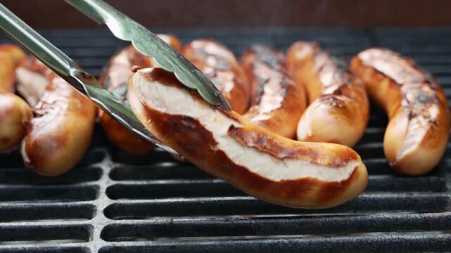 Sausage being turned on the grill