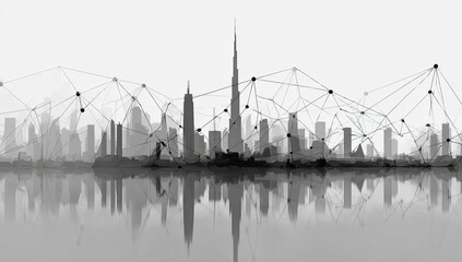 A grayscale cityscape, rendered in a stylized polygonal style, with connecting lines and reflections