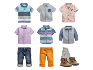 Boys clothing assortment with shirts pants and boots image, Isolated, Png Transparent Background