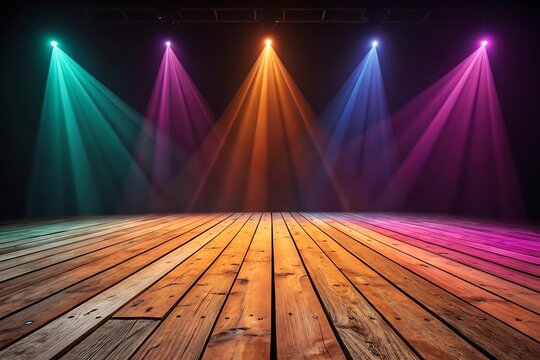 Wooden stage illuminated by vibrant colorful spotlights wooden floor colorful lighting