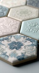 Close-up of decorative hexagon tiles.  Soft pastel colors, intricate patterns
